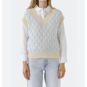NWT English Factory Checker Knit Sweater Vest in Cream/Blue Size Small